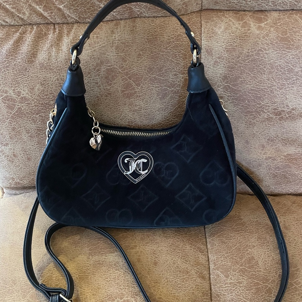 Juicy Couture Black Velvet Shoulder Bag with Heart Emblem